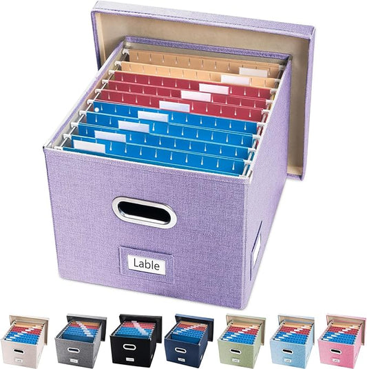 File Organizer Box - Set of 1 Collapsible Decorative Linen Filing Storage Hanging File Folders with Lids Office Cabinet Letter/Legal Purple (17x14x11.2 inch) by Prandom