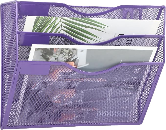 3 Pocket Mesh Hanging Wall File Organizer, Wall Mounted Mail Paper Document Folder Holder, Clipboard Storage Organization Magazine Rack with Nametag Label for Office School Home, Purple - Image 6