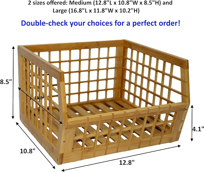Bamboo Stackable, Open Front, Medium Storage Bins -Lattice Design, 2 Pack - Image 2