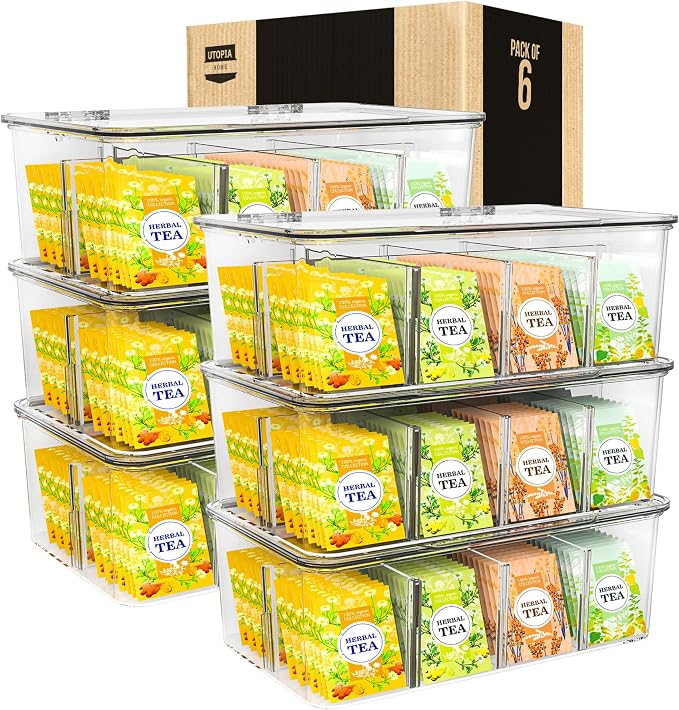 Utopia Home Tea Bag Organizer - Stackable Tea Bag Storage Organizer with Clear Top Lid- Tea bag holder For Counter tops, Kitchen Cabinets, Pantry, Sweeteners (Clear, Pack of 6) by UTOPIAHOME