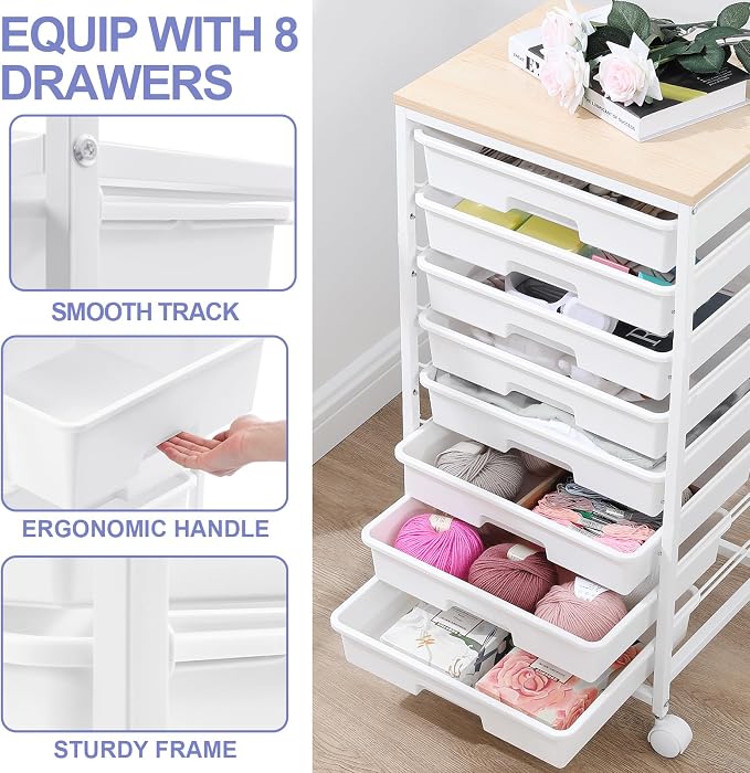SYKIARIOL Rolling Storage Cart with Drawers, 8 Drawers Utility Cart,White | Rolling Drawer Cart with Wooden Tabletop,Storage Drawer Cart for Living Room,Classroom,Bedroom,Dorm,Office - Image 5