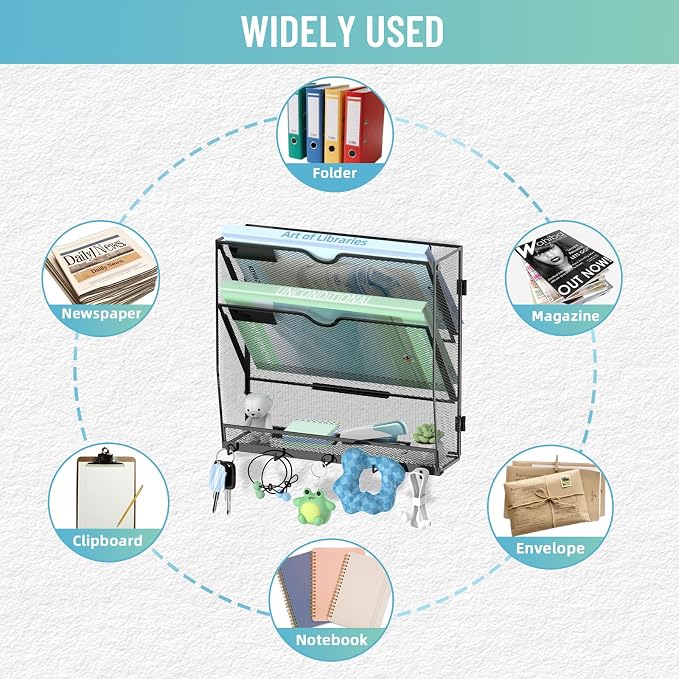 3-Tier Wall File Organizer with 5 Hooks, Wall Mounted Mail Organizer | File Holder Organizer, Metal Mesh Office Wall Organizer for Home, School & Classroom - Image 5