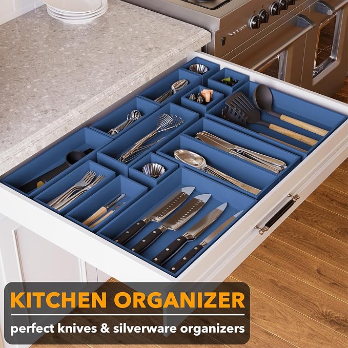 SpaceAid 14-Piece Bamboo Drawer Organizer Storage Boxes Set, Wood Tray Junk Drawer Organizers Multi-Use Divider Bins for Kitchen, Bathroom, Office Desk and Makeup Organization (14 Pack, Navy Blue) - Image 4