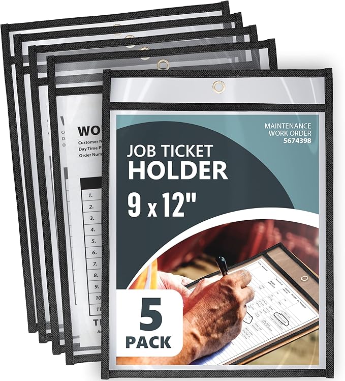 5 Pack Job Ticket Holders 9x12 - Work Order Plastic Sleeves for Documents - Shop Ticket Holders - Heavy Duty Plastic Permit Holder Sleeves - Dry Erase Pocket - Dry Erase Sleeve - Clear Pocket Sleeve by Juzari