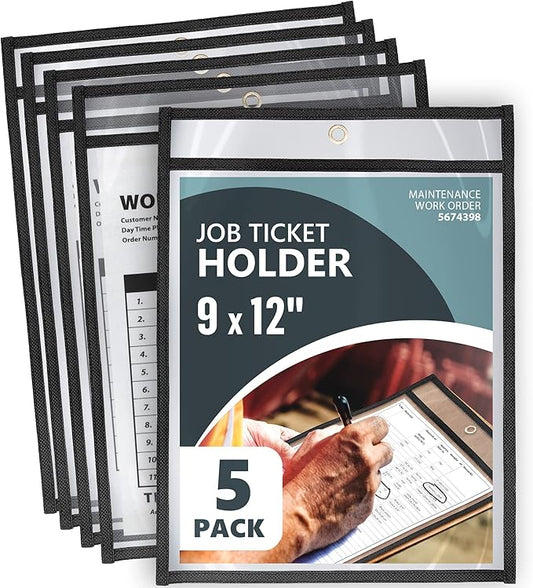 5 Pack Job Ticket Holders 9x12 - Work Order Plastic Sleeves for Documents - Shop Ticket Holders - Heavy Duty Plastic Permit Holder Sleeves - Dry Erase Pocket - Dry Erase Sleeve - Clear Pocket Sleeve by Juzari