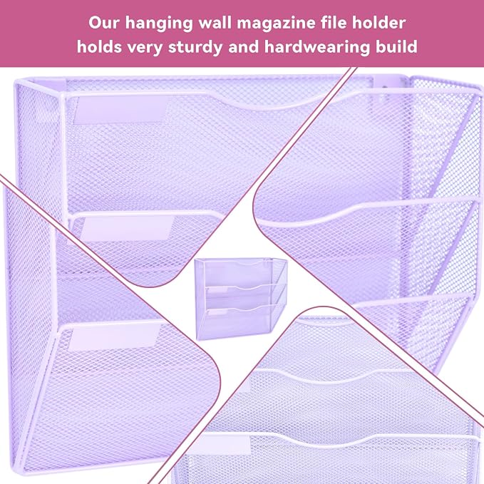 3 Pockets Mesh Wall File Holder Organizer Office Hanging File Folder Magazine Rack, Nametag Label Hooks Set Included (Purple) - Image 3