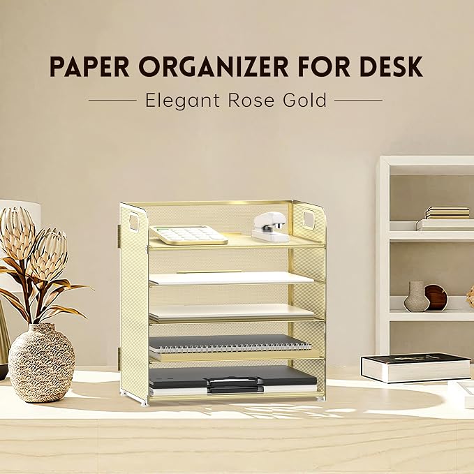 5 Trays Paper Organizer Letter Tray with Handle-Mesh Desk File Organizer, Paper Sorter Desk Organizer for Office, Home or School (Golden) - Image 2