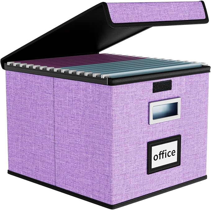 File Organizer Box with Lids, Collapsible File Folder Organizer | File Box with Plastic Slides for Office Document Storage, Filing Bin for Letter Size Hanging File Folders (1 Pack, Lavender) by Huolewa