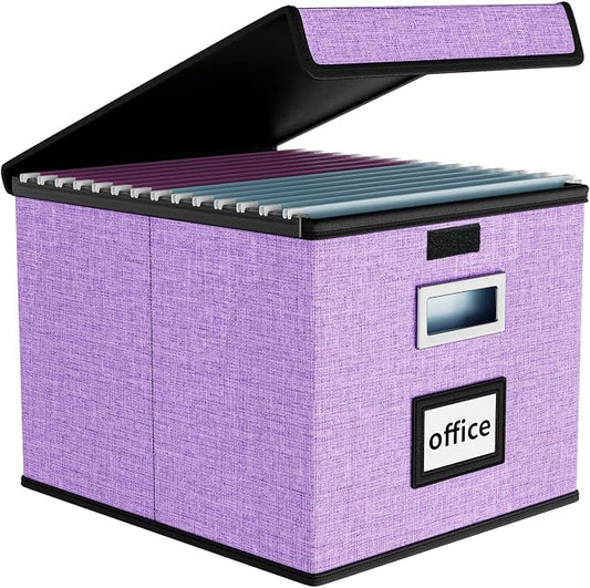 File Organizer Box with Lids, Collapsible File Folder Organizer | File Box with Plastic Slides for Office Document Storage, Filing Bin for Letter Size Hanging File Folders (1 Pack, Lavender) by Huolewa
