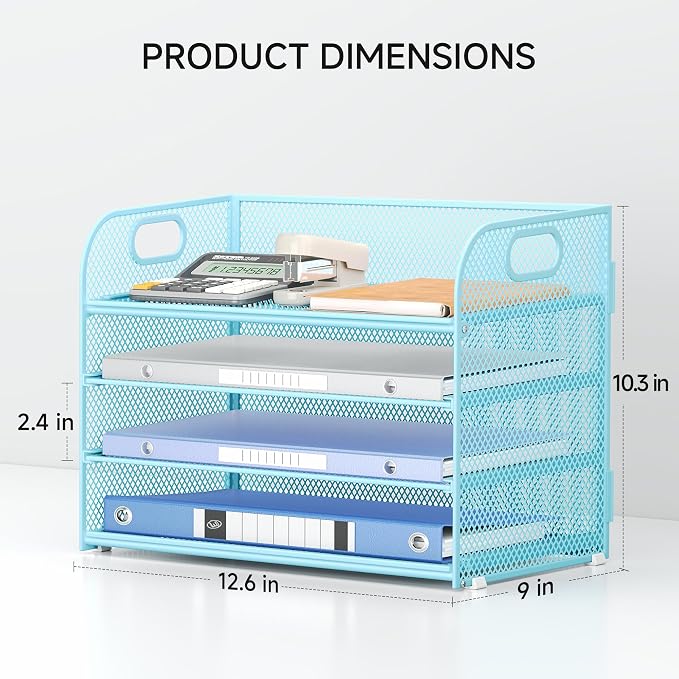 Lavatino 4-Tier Paper Organizer Trays - Blue Mesh File Folder Sorter with Handles, Desk Letter Holder Organizer for Office, Home, School Supplies Storage & Organization - Image 4