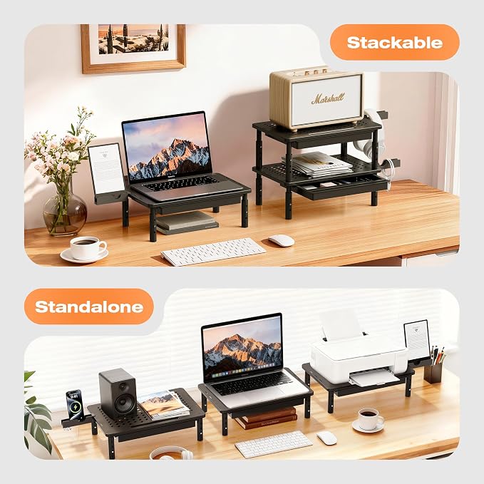 Computer Monitor Stand Riser with Storage, 3 Height Adjustable Laptop Desktop Monitor Stand with Drawer, Metal Short Printer Table, Stand Riser for Desk, Office Desk Organizers and Accessories, 2 Pack - Image 8