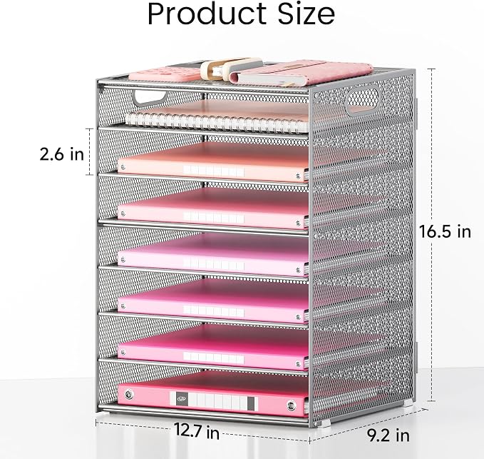 Lavatino 8-Tier Office Desk File Organizer, Letter Tray Paper Organizer with Handle, Including 5 Adjustable Slide Trays for Organizing Desktop Workspace Accessories and Supplies (Silver Metal Mesh) - Image 3