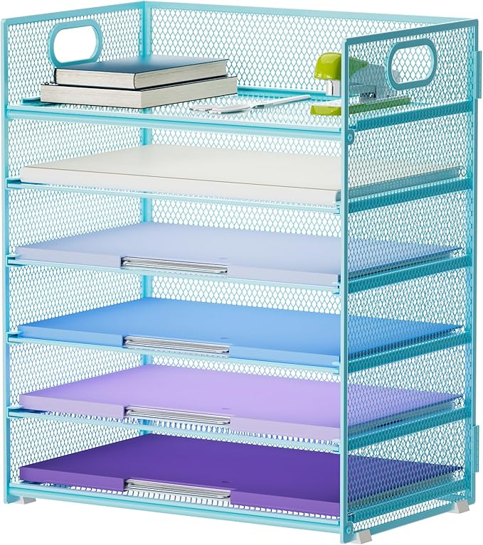 Marbrasse 6 Tier Paper Organizer Letter Tray - Mesh Desk File Organizer with Handle, Paper Sorter for Letter/A4 Office File Folder Holder -Blue by Marbrasse
