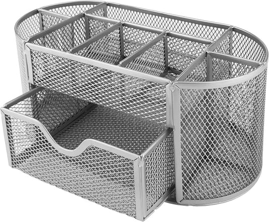 D.RECT Desk Organiser, Pen Holder, Pen Holder, Table Organiser Made of Metal, Office Tray with Note Holder Mesh, 350 x 297 x 275 mm, Silver by Unknown