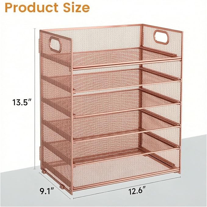 6 Trays Paper Organizer with Handle - Mesh Desk File/Letter Paper Sorter Organizer for Office, Home or School (Rose Gold) - Image 6
