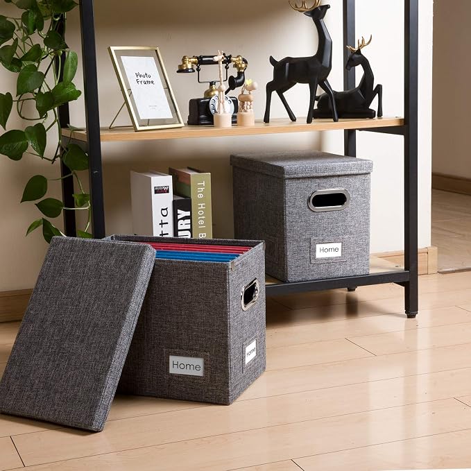 File Organizer Box - Set of 2 Collapsible Decorative Linen Filing Storage Hanging File Folders with Lids Office Cabinet Letter Size Grey (14x9.3x10.8 inch) - Image 2