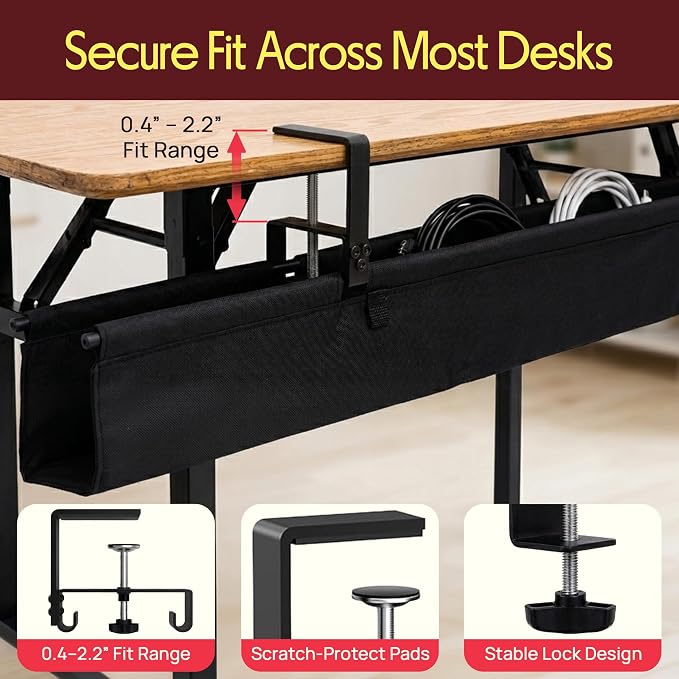 Pyle 36" Under Desk Cable Management Tray, Under Desk Wire Organizer with Clamp or Screw Mount, Desk Cable Organizer with Fabric Design for Large Workstations, Built-in Ties, 20 lb Capacity, Black - Image 3