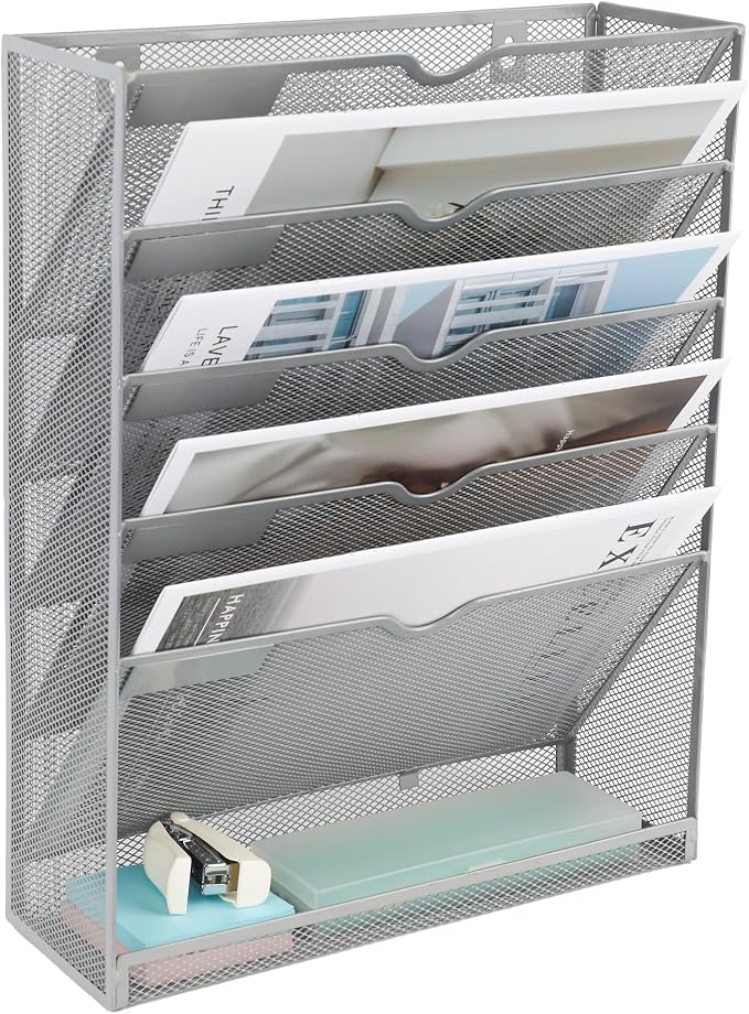 6 Tier Mesh Hanging Wall File Organizer, Desk Vertical Mail Paper Document Folder Holder Rack with Bottom Tray and Nametag Label for Office Home School, Gray - Image 8