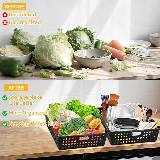 12 Pcs Plastic Storage Baskets Bulk 14 x 10 In Stackable Storage Bin with Handles A4 Size Desktop File Letter Organizer Tray Multi-purpose Container for Shelve Desktop Classroom Office Home Playroom - Image 4