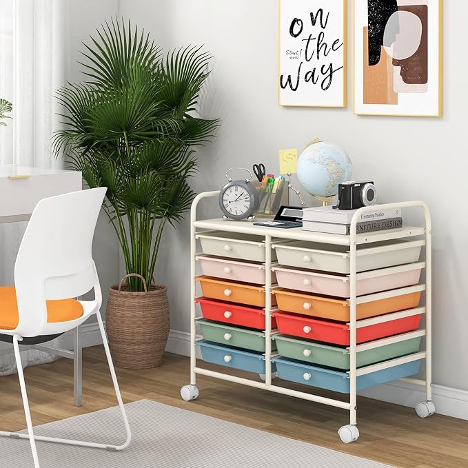 Giantex 12 Drawers Rolling Cart, Mobile Storage Drawer Cart, Classroom Organizer Cart for Office School Supplies Tools Scrapbook Paper Craft Small Printer, Utility Cart on Wheels, Macaron - Image 4