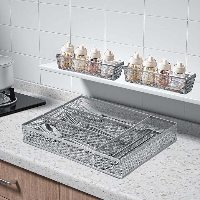 Neudeco Drawer Organizer Set, Silver, 5 Pack | 4-Compartment Silverware Tray, 4 Utensil Trays, Silver Mesh, Non-Slip, For Flatware, Cutlery, Office Supplies - Image 2