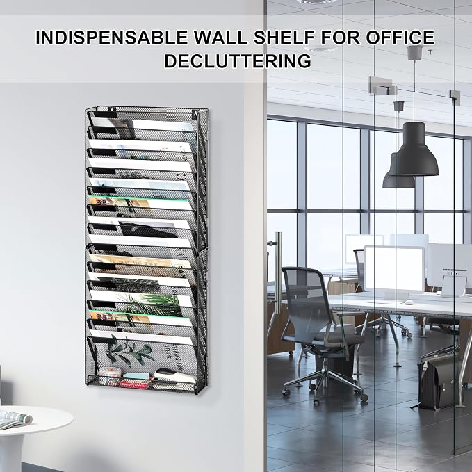 EasyPAG Wall File Holder 14 Tier Mesh Hanging Folder Organizer with Flat Tray Wall Mounted Mail Organizer Magazine Paper Desk Shelf with Nametag Label for Office Home School, Black - Image 5