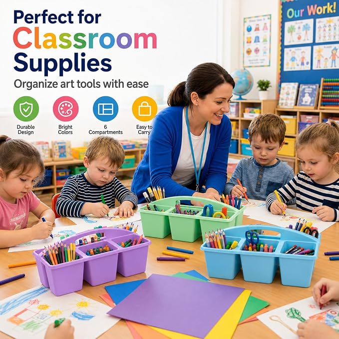 6 Pack Assorted Colors 6 Compartment Classroom Caddy with Handle Portable Plastic Storage Classroom Caddies Organizer for Classrooms Supply Teacher Office Table Desk(Rainbow) - Image 6