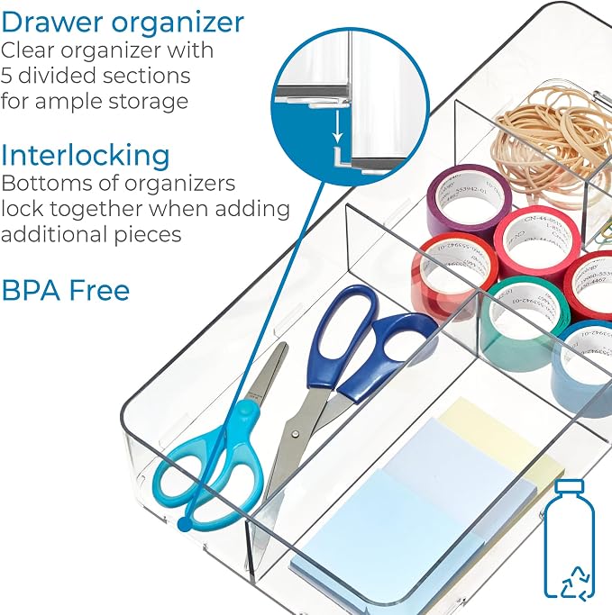 iDesign Interlocking 5-Section Drawer Organizer, Clear | For Kitchen, For Bathroom, For Desk Drawers - Image 4