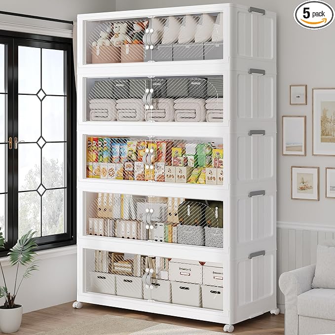 800QT Extra Large Stackable Storage Bins with Lid, 200Gal Plastic Closet Organizers and Storage Drawer, Collapsible Cabinet Box with Wheels Clear Doors for Home Kitchen Garage, 5Pack White by QAVABIN