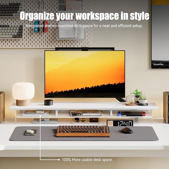 FENSULN Dual‑Tier Monitor Stand for Modern Desk Setup – Minimalist Wooden and Metal Riser Shelf with Transparent Acrylic Feet for Dual Monitors, Laptops, Home Office Aesthetic，White - Image 2