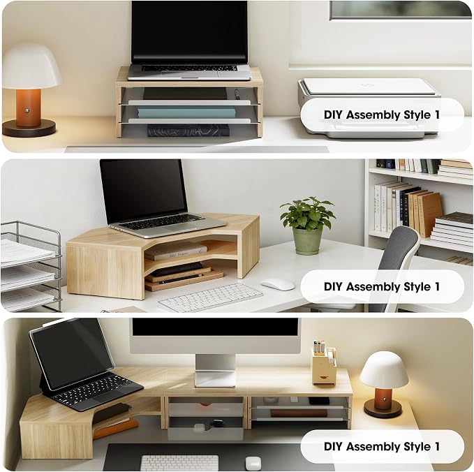 Fenge 14.3-Inch Monitor Stand with Slide-Out Trays, Wood & Metal Desk Shelf | 3-Tier Space-Saving Desk Storage Organizer, Fits Computer, Laptop, Printer and Telephone - Image 8