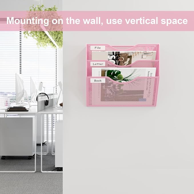 EasyPAG 3 Pocket Mesh Wall File Organizer, Hanging Paper Folder Holder with Classify Label, Vertical Wall Mount Mail Organizer for Office Home Classroom, Pink - Image 4
