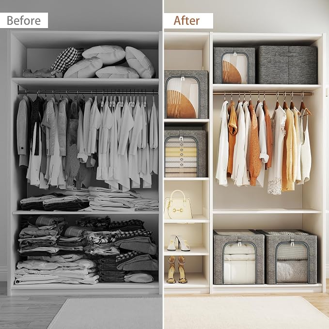 GoMaihe Clothes Storage Bins with Metal Frame for Closet, 40L 4-Pack Grey | Sweaters Hoodies Jeans T-Shirt, Closet Top Shelf Organizer, Steel Frame Collapse-Proof, Stackable, Clear Window, Dual Access - Image 8