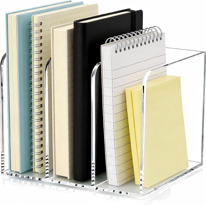 Clear Acrylic 3-Slot Magazine File Holder, Vertical Desk Organizer | 3 extra-wide compartments hold magazines, files, books, tablets. 5mm thick clear acrylic, non-slip base. No assembly. - Image 4
