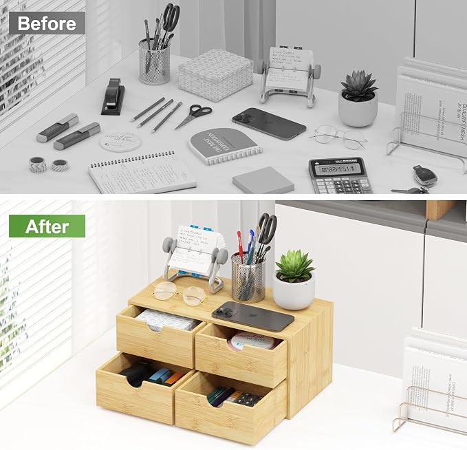Bamboo Desk Organizer with Drawers, Desktop Storage Box for Office Supplies | 4 Drawers Desktop organizer, No Assembly Required, Natural Wood Wooden Desktop Drawers for Bills, Cosmetics, Seals, Paper - Image 6