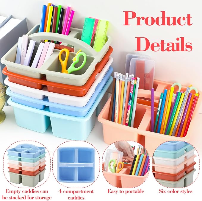Lineshading 12 Pack Plastic Classroom Caddy - 4 Compartment Organizer Boho Color Table Caddy with Handles for School Home Office Supplies - Image 3