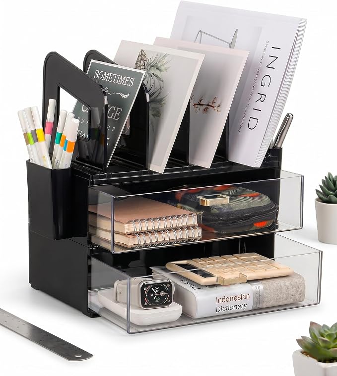 LALOBLUE Acrylic Desk Organizer with Drawer and Vertical File Holder, Desk Organizers and Accessories, Multi-Functional Office Supplies Organizer for Home or Work Desk, Black by Laloblue