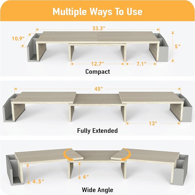 Simple Houseware Desk Dual Monitor Stand Riser with Drawer, Maple | Customizable Organizer Tray, Built-In Phone & Tablet Slot and Side Storage - Image 3
