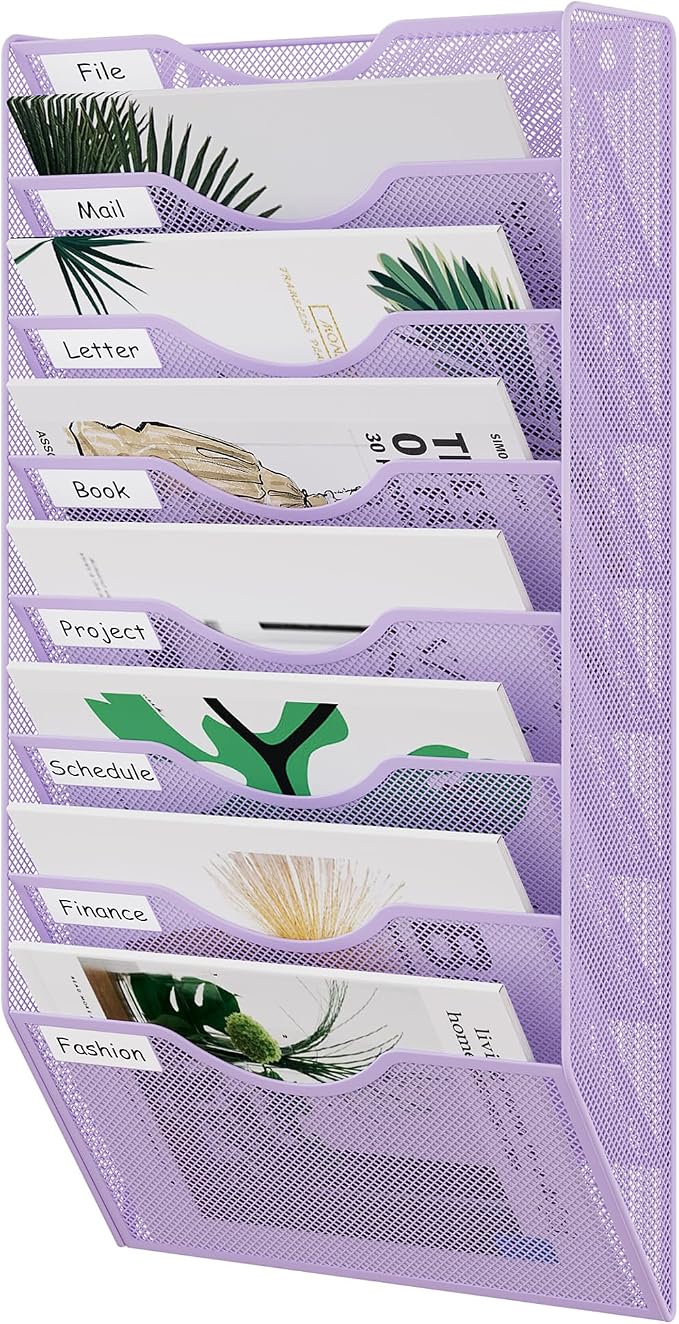 EasyPAG 8 Pocket Mesh Wall File Organizer, Hanging Paper Folder Holder with Classify Label, Vertical Wall Mount Mail Organizer for Office Home Classroom, Purple by EasyPAG