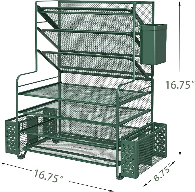 Simple Trending 7 Tier Desk File Organizer, Letter Tray Paper Organizer with Pen Holder and Metal Hanging Basket, Green - Image 3