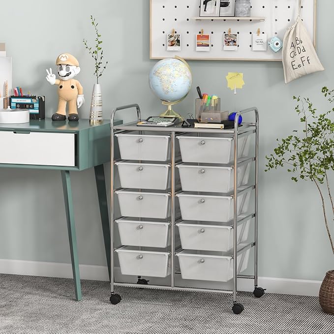 Giantex 10 Drawers Rolling Cart, Classroom Organizers, Storage Cart with Wheels, for Teacher Office Home School Supplies Tool Craft Art Paper, Clear White - Image 4