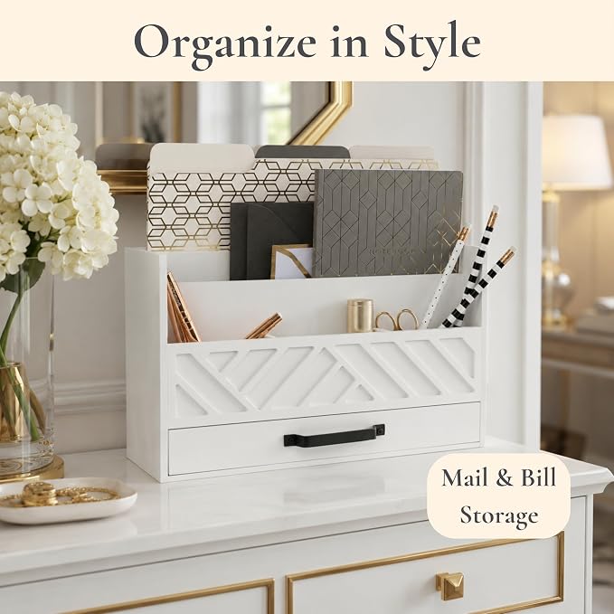 BLU MONACO | Wooden Mail Organizer with Drawer | Mail Organizer Countertop with 6 Compartments | Bill Holder for Desk | White Desktop Mail Sorter - Image 4