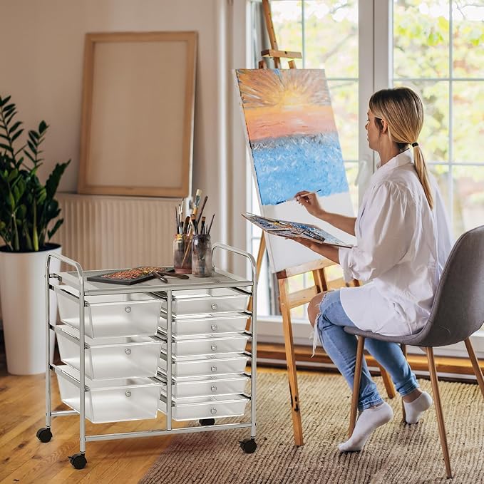 COSTWAY Rolling Storage Cart with 9 Drawer, Utility Cart with Metal Frame | Mobile Art Supply Craft Organizer, Multipurpose Storage Organizer for Paper, Office, School Teacher, Classroom, Transparent - Image 9