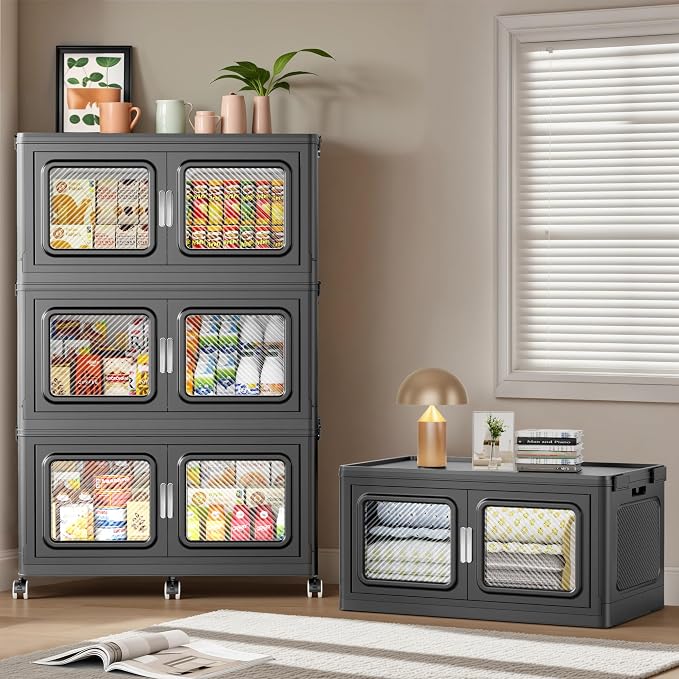 BROVIEW 1200 Qt/300 Gal Stackable Storage Bins with Lids, 4 Pack, Black | Large Stackable Storage Boxes w/ 4 Lid Folding Plastic Cart Organizer for Home Kitchen, Open Front Clear Door with Wheels by BROVIEW-EnjoytheArtofLife
