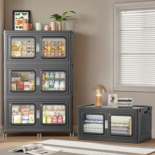 BROVIEW 1200 Qt/300 Gal Stackable Storage Bins with Lids, 4 Pack, Black | Large Stackable Storage Boxes w/ 4 Lid Folding Plastic Cart Organizer for Home Kitchen, Open Front Clear Door with Wheels by BROVIEW-EnjoytheArtofLife