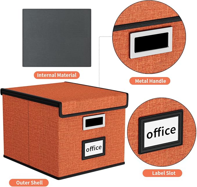 File Organizer Box with Lids, Collapsible File Folder Organizer | File Box with Plastic Slides for Document, Filing Bin for Letter Size Hanging File Folders (1 Pack, Reddish Organge) - Image 4