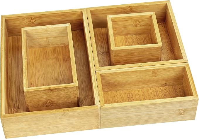 VaeFae 5 PCS Bamboo Drawer Organizers Set, 5-size Organizer Box, Storage Bins for Kitchen, Bathroom, Office, Bedroom and Living Room - Image 3