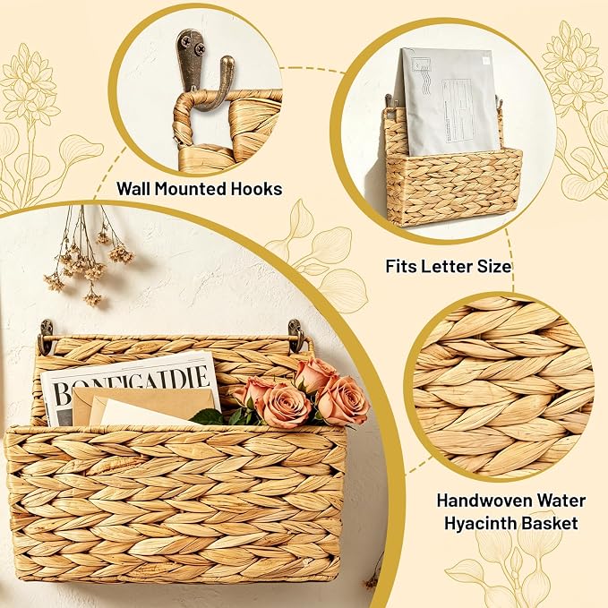 2PCS Woven Mail Holder Wall Mount Basket – Water Hyacinth Magazine Holder Wall Basket, Wicker Mail Organizer Wall Mount for Office, Books, Files, Letters & Entryway Decor, Hooks Included - Image 4