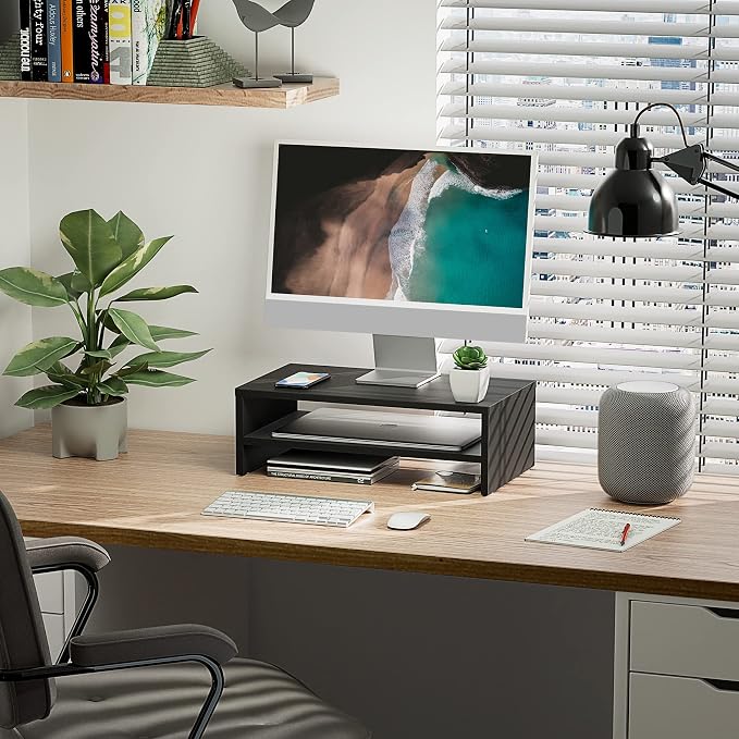 FITUEYES Wooden Monitor Stand Riser, 2-Tier Desk Storage Shelf, Black | 16.7-Inch Desktop Organizer Fits Laptop, Computer Screen and Office Supplies - Image 2