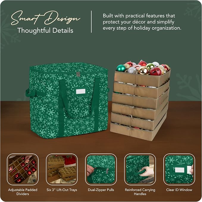 Covermates Keepsakes Adjustable Ornament Storage Bag – Heavy-Duty Polyester, Padded Dividers & FlexGrid Trays – Protective Holiday Ornament Organizer with Handles & Label Window, Green Snowflake - Image 4